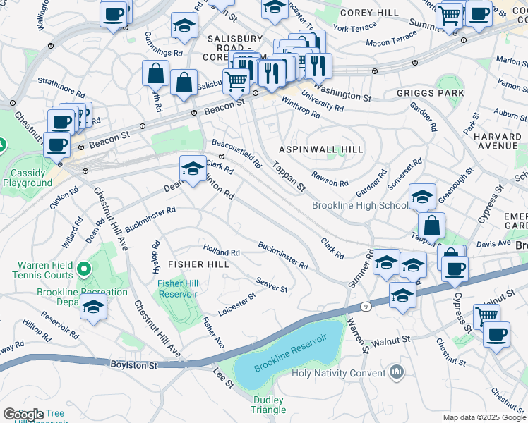 map of restaurants, bars, coffee shops, grocery stores, and more near 95 Clinton Road in Brookline