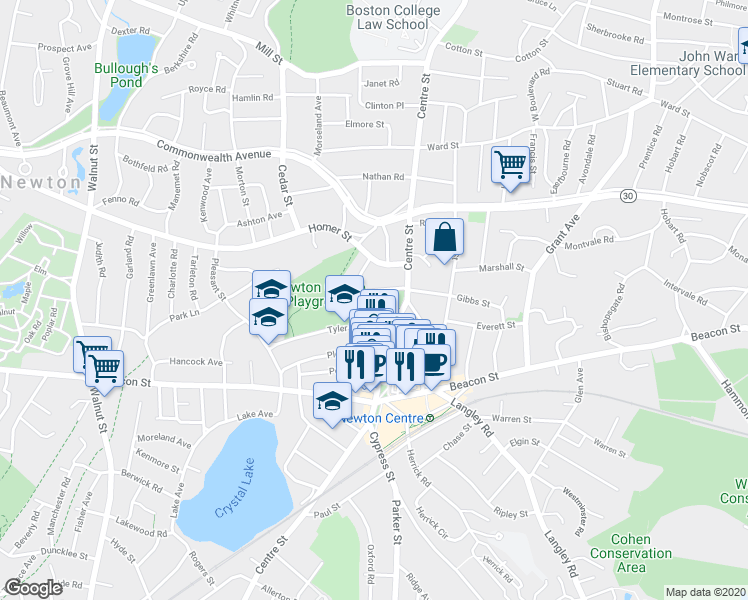 map of restaurants, bars, coffee shops, grocery stores, and more near 3 Willow Terrace in Newton