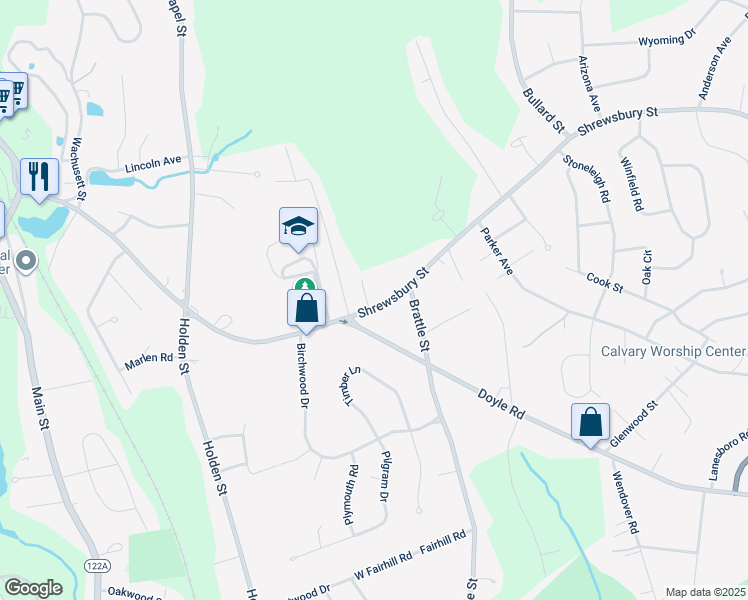 map of restaurants, bars, coffee shops, grocery stores, and more near 327 Shrewsbury Street in Holden