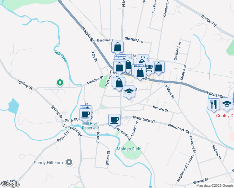 map of restaurants, bars, coffee shops, grocery stores, and more near 41 Maple Street in Northampton
