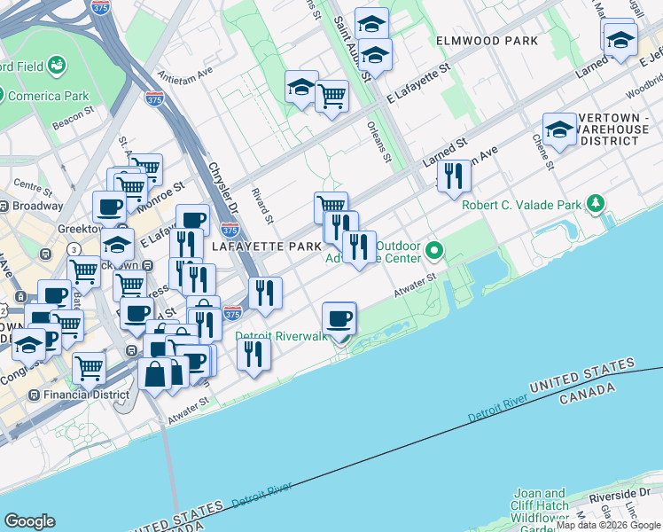 map of restaurants, bars, coffee shops, grocery stores, and more near 1400 Woodbridge Street in Detroit