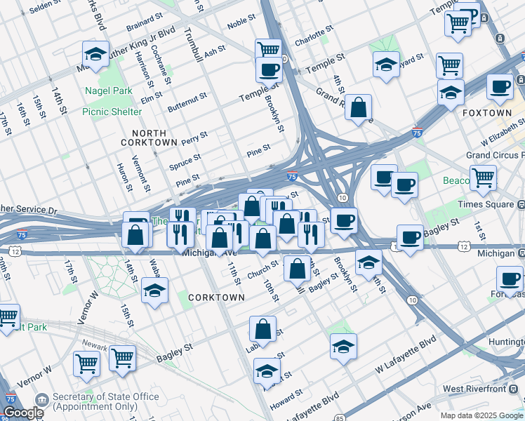 map of restaurants, bars, coffee shops, grocery stores, and more near 1531 West Fisher Service Drive in Detroit