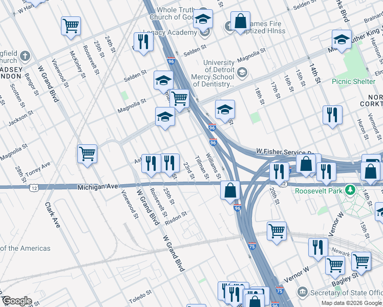 map of restaurants, bars, coffee shops, grocery stores, and more near 3040 23rd Street in Detroit