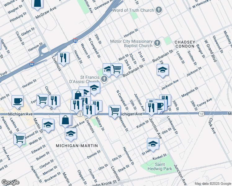 map of restaurants, bars, coffee shops, grocery stores, and more near 4136 Wesson Street in Detroit