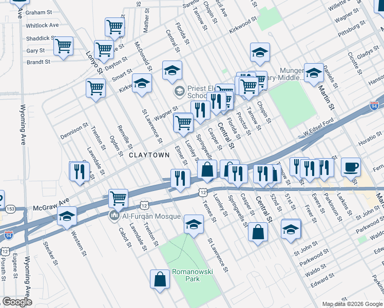 map of restaurants, bars, coffee shops, grocery stores, and more near 5266 Elmer Street in Detroit