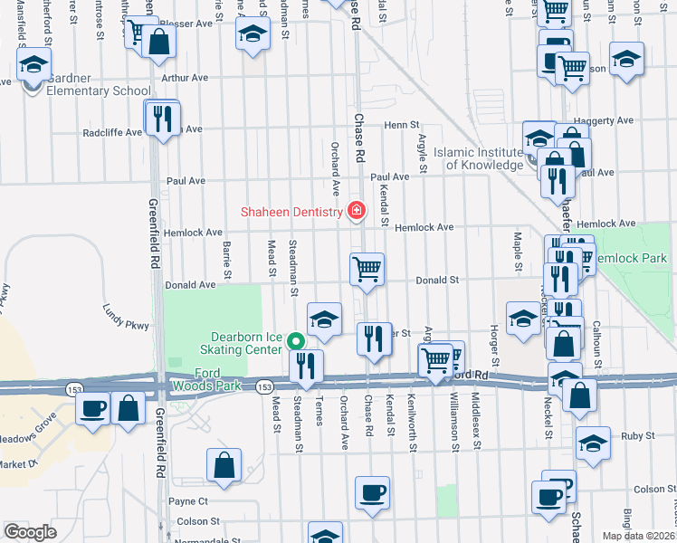 map of restaurants, bars, coffee shops, grocery stores, and more near 6000 Orchard Avenue in Dearborn