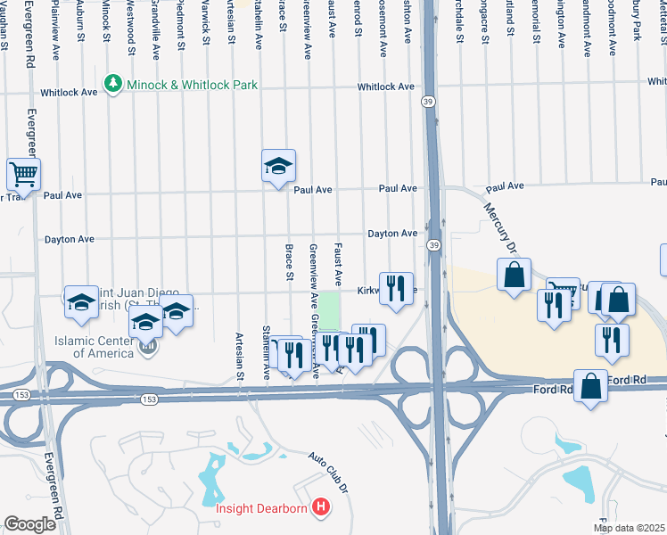 map of restaurants, bars, coffee shops, grocery stores, and more near 6030 Faust Avenue in Detroit