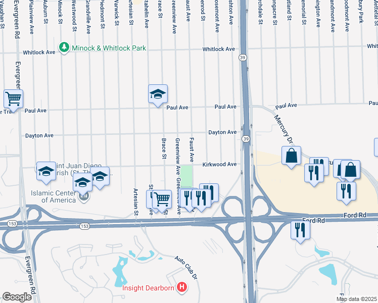 map of restaurants, bars, coffee shops, grocery stores, and more near 6030 Faust Avenue in Detroit
