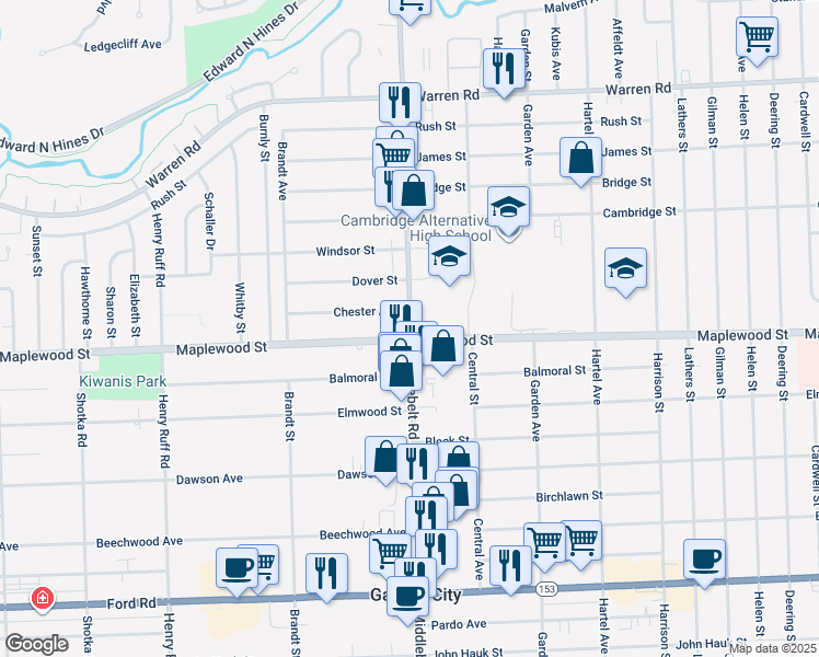 map of restaurants, bars, coffee shops, grocery stores, and more near in Garden City