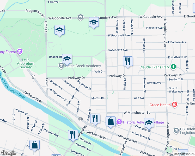 map of restaurants, bars, coffee shops, grocery stores, and more near 373 Parkway Drive in Battle Creek
