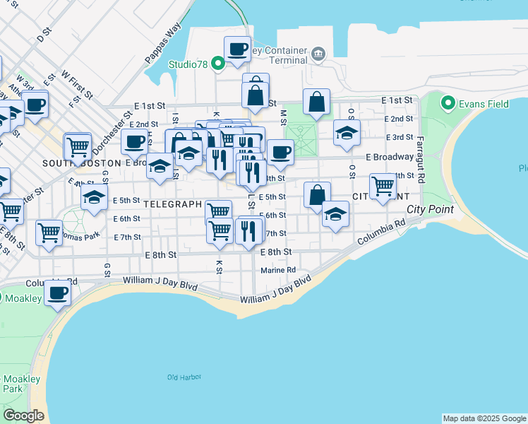 map of restaurants, bars, coffee shops, grocery stores, and more near 661 East 6th Street in Boston