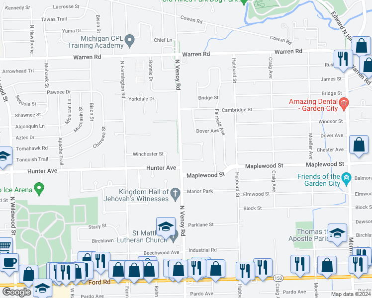 map of restaurants, bars, coffee shops, grocery stores, and more near 6520 North Venoy Road in Garden City