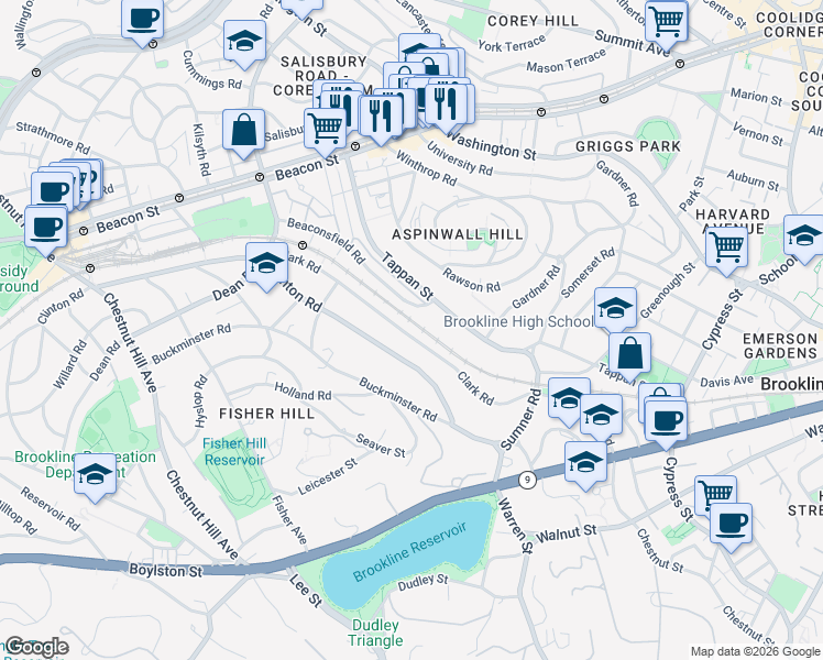 map of restaurants, bars, coffee shops, grocery stores, and more near 209 Clark Road in Brookline
