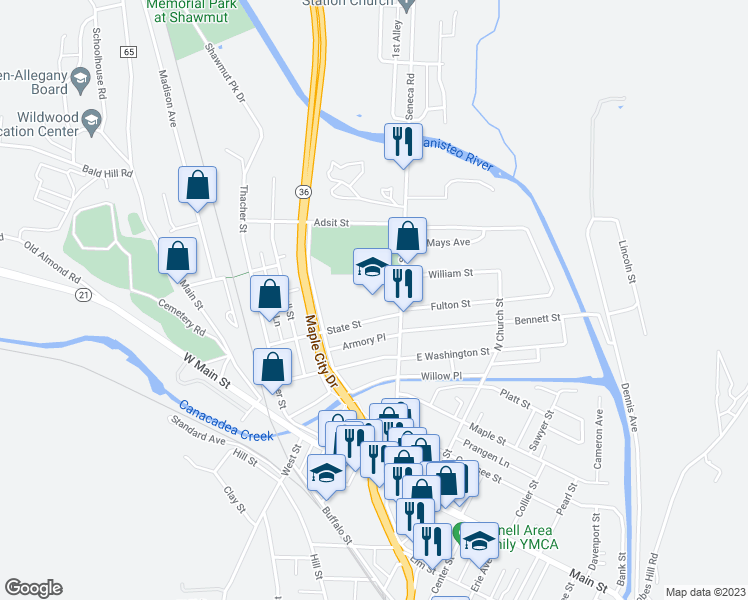 map of restaurants, bars, coffee shops, grocery stores, and more near 134 Seneca Street in Hornell