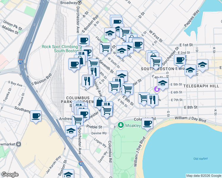 map of restaurants, bars, coffee shops, grocery stores, and more near 218 West 9th Street in Boston