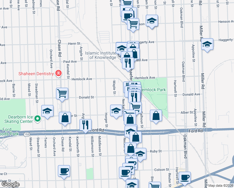 map of restaurants, bars, coffee shops, grocery stores, and more near 6001 Neckel Street in Dearborn