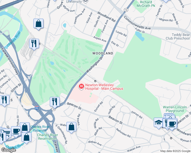 map of restaurants, bars, coffee shops, grocery stores, and more near 1940 Washington Street in Newton