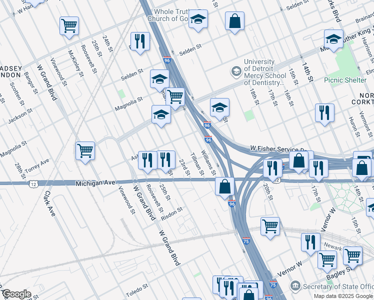 map of restaurants, bars, coffee shops, grocery stores, and more near 3040 23rd Street in Detroit