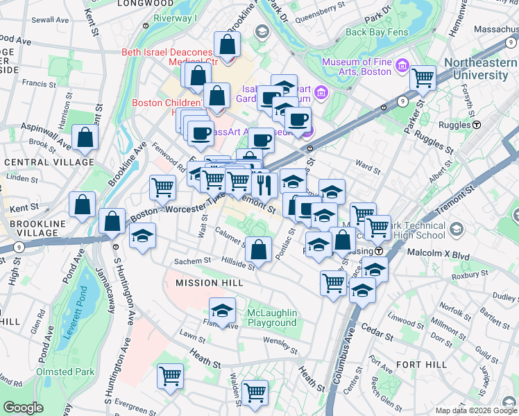 map of restaurants, bars, coffee shops, grocery stores, and more near 1582 Tremont Street in Roxbury Crossing