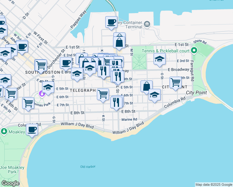 map of restaurants, bars, coffee shops, grocery stores, and more near 125 L Street in Boston