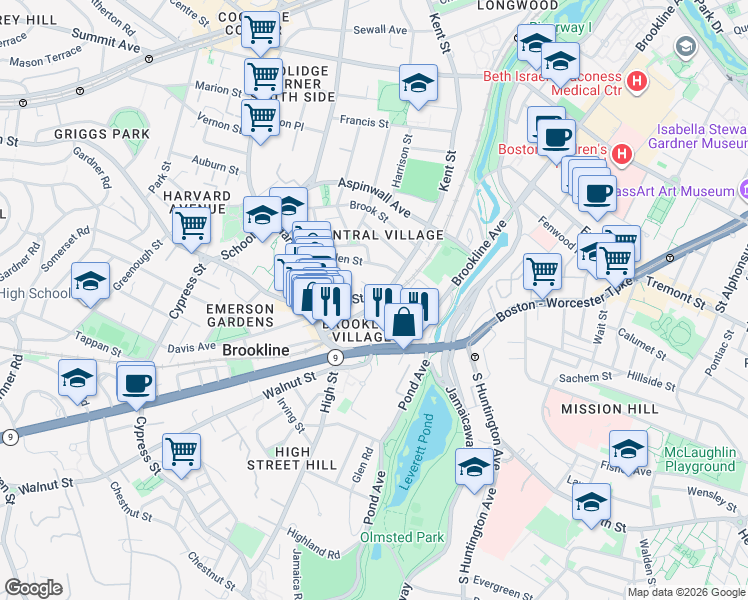 map of restaurants, bars, coffee shops, grocery stores, and more near in Brookline
