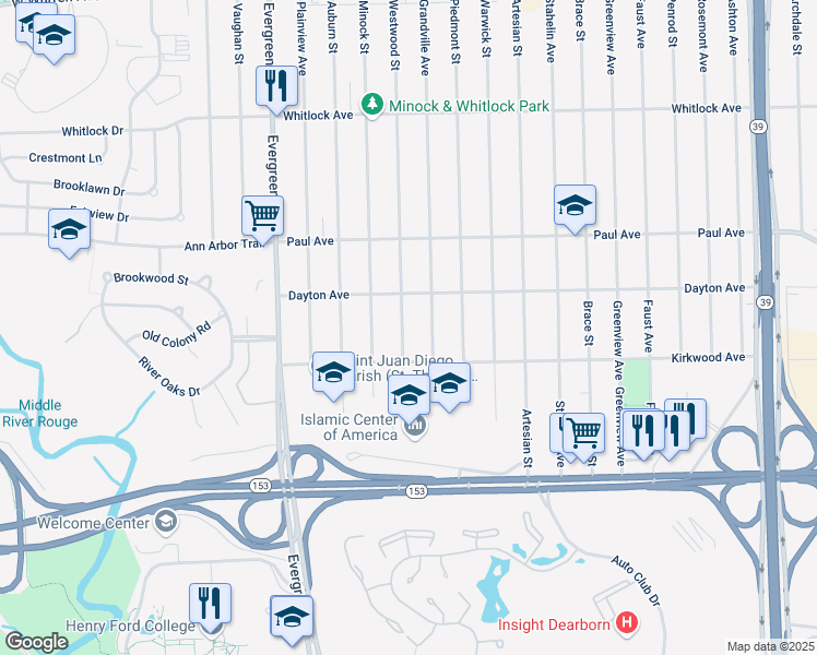 map of restaurants, bars, coffee shops, grocery stores, and more near 6066 Westwood Street in Detroit