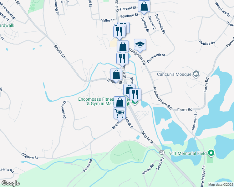 map of restaurants, bars, coffee shops, grocery stores, and more near 35 Mill Street Central in Marlborough