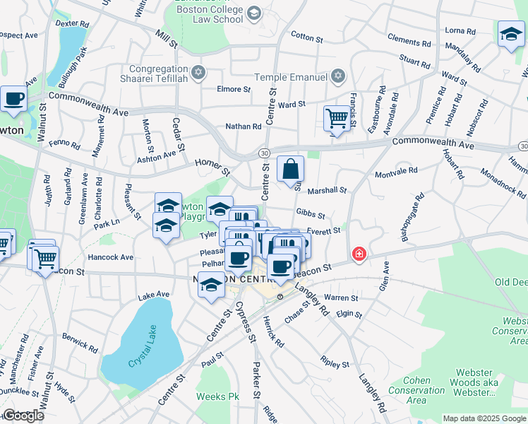 map of restaurants, bars, coffee shops, grocery stores, and more near 1141 Centre Street in Newton