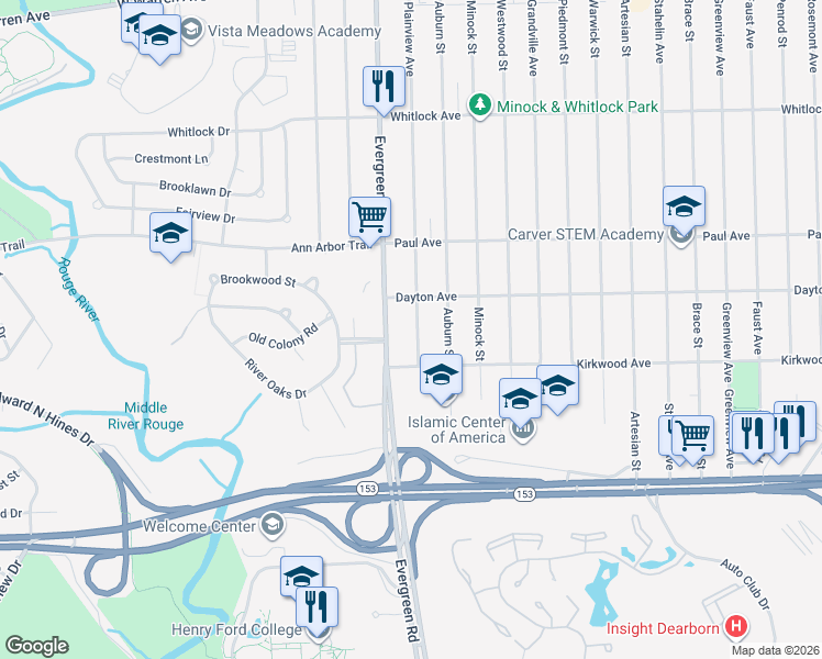 map of restaurants, bars, coffee shops, grocery stores, and more near 6044 Plainview Avenue in Detroit