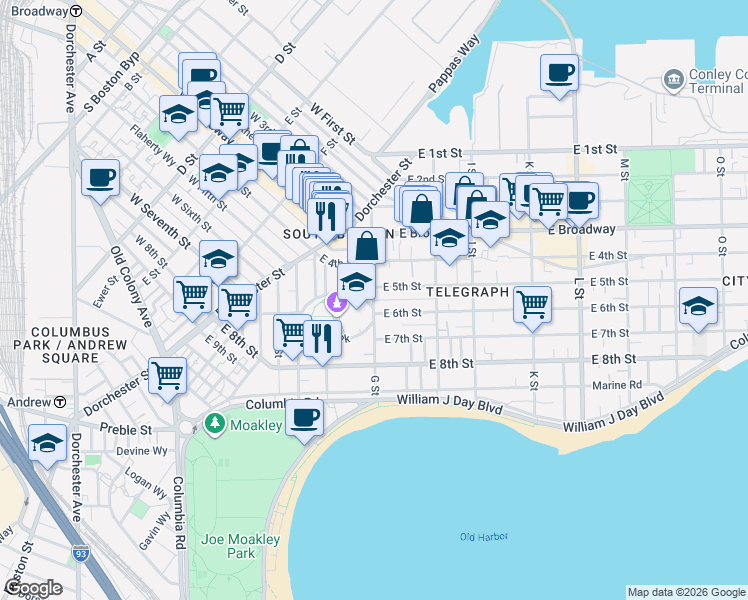map of restaurants, bars, coffee shops, grocery stores, and more near G St & Story St in Boston
