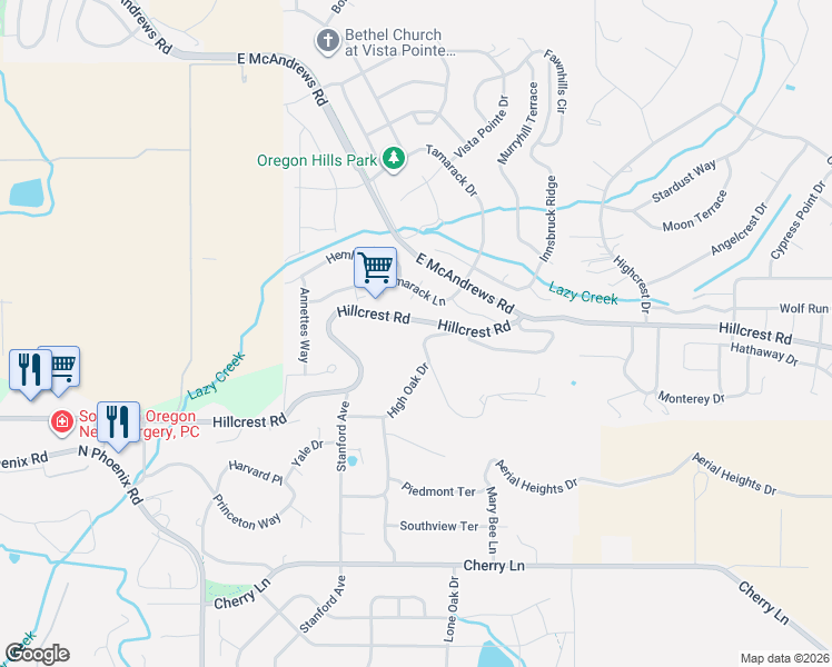 map of restaurants, bars, coffee shops, grocery stores, and more near 3860 Hillcrest Road in Medford