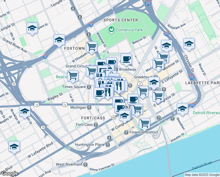 map of restaurants, bars, coffee shops, grocery stores, and more near in Detroit