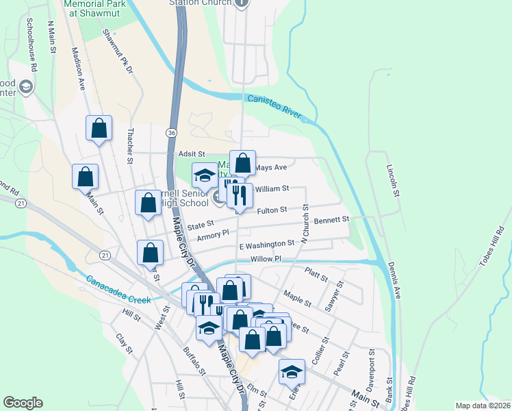 map of restaurants, bars, coffee shops, grocery stores, and more near 23-25 Fulton Street in Hornell