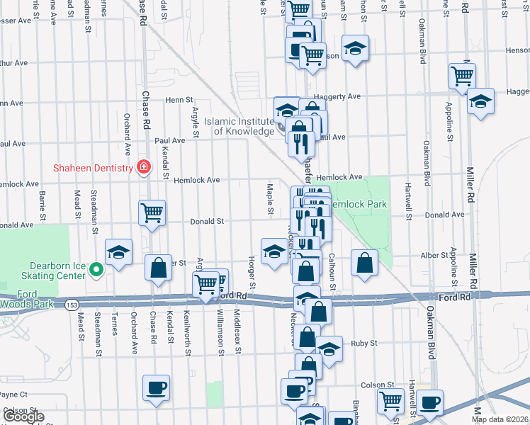 map of restaurants, bars, coffee shops, grocery stores, and more near 6000 Horger Street in Dearborn