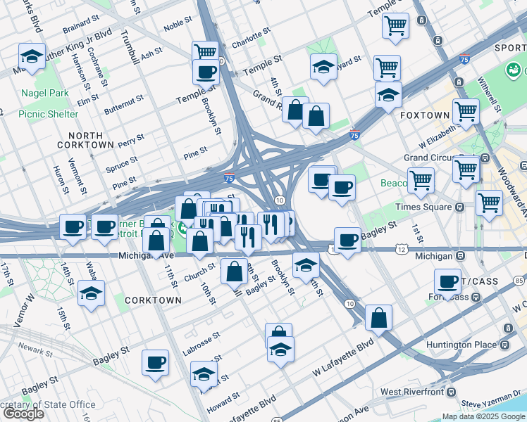 map of restaurants, bars, coffee shops, grocery stores, and more near 2131 John C Lodge Freeway in Detroit