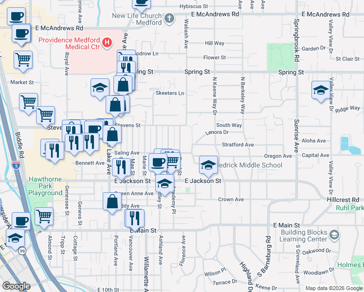 map of restaurants, bars, coffee shops, grocery stores, and more near 502 Pearl Street in Medford