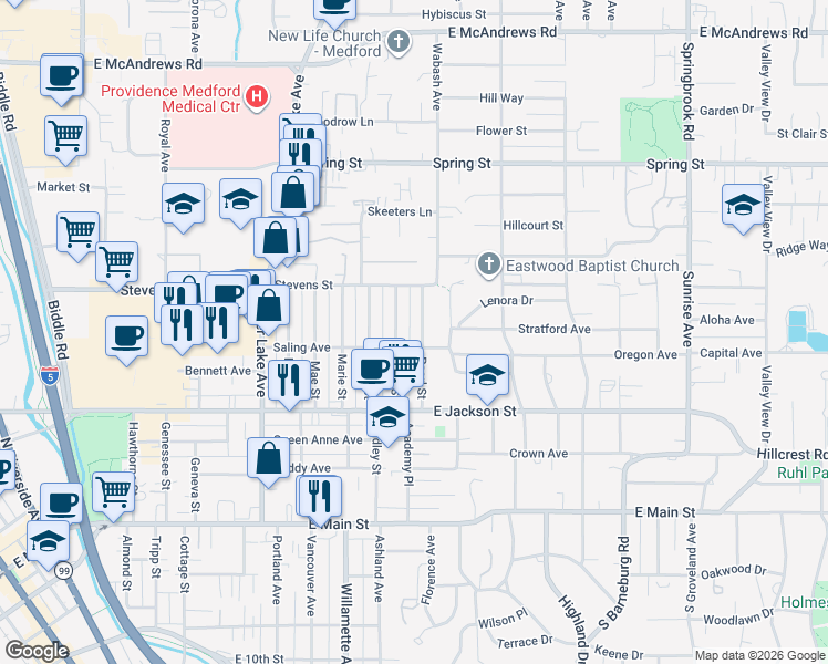 map of restaurants, bars, coffee shops, grocery stores, and more near 502 Pearl Street in Medford