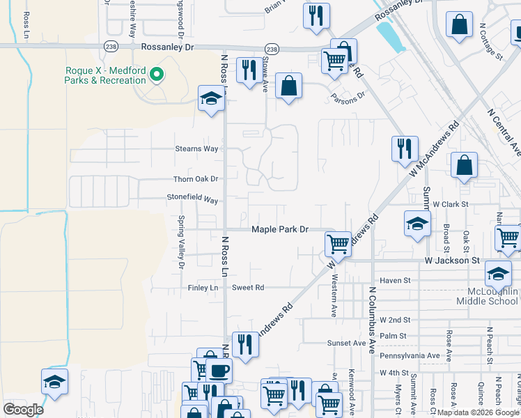 map of restaurants, bars, coffee shops, grocery stores, and more near 751 Silky Oaks Lane in Medford