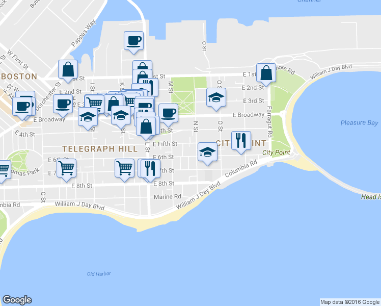 map of restaurants, bars, coffee shops, grocery stores, and more near 741 East 6th Street in Boston
