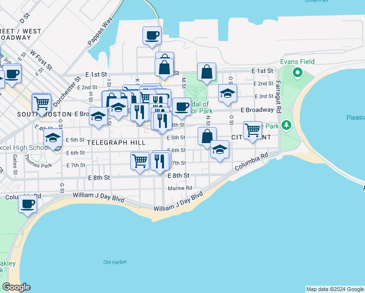 map of restaurants, bars, coffee shops, grocery stores, and more near 661 East 6th Street in Boston