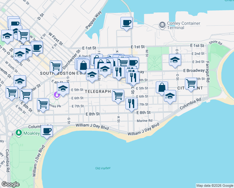 map of restaurants, bars, coffee shops, grocery stores, and more near 589 East 6th Street in Boston