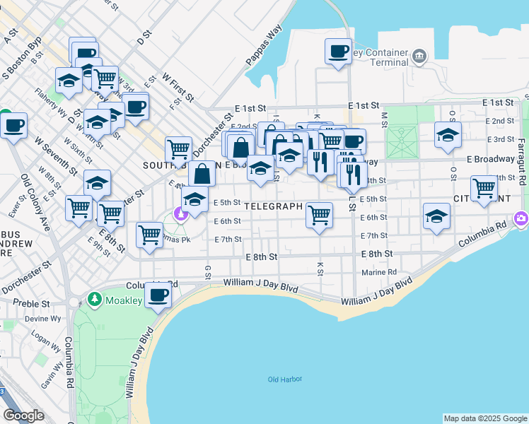 map of restaurants, bars, coffee shops, grocery stores, and more near 151 I Street in Boston