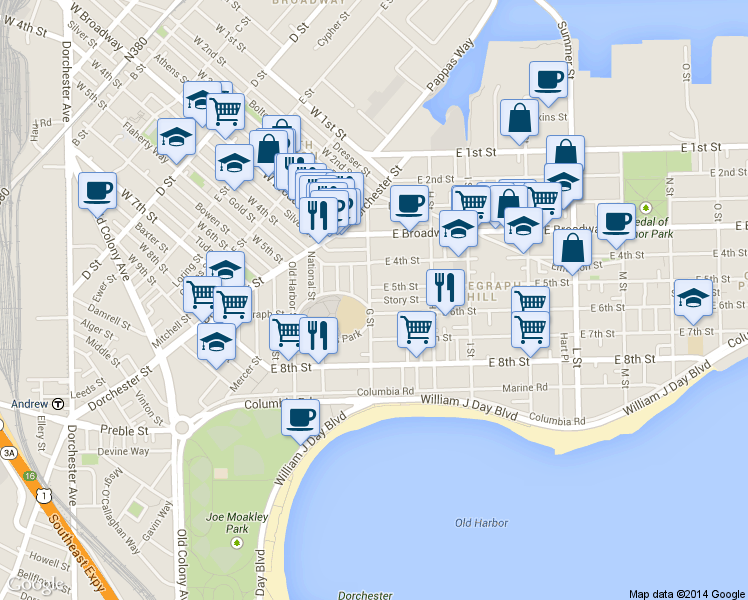 map of restaurants, bars, coffee shops, grocery stores, and more near in Boston