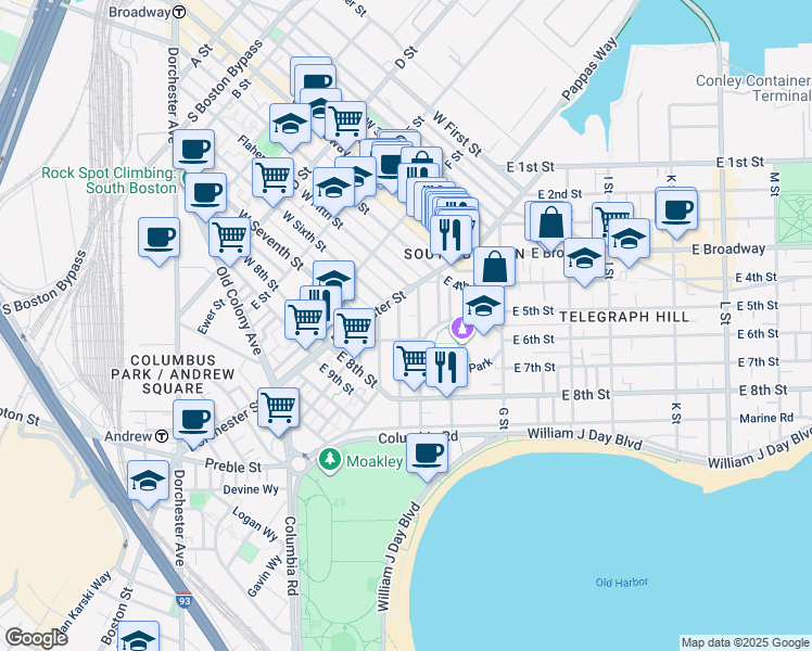 map of restaurants, bars, coffee shops, grocery stores, and more near 53 Old Harbor Street in Boston