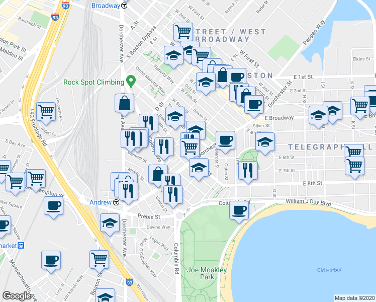 map of restaurants, bars, coffee shops, grocery stores, and more near 218 West 9th Street in Boston