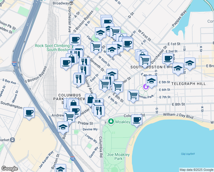 map of restaurants, bars, coffee shops, grocery stores, and more near 218 West 9th Street in Boston