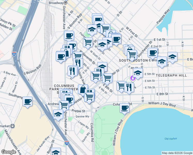 map of restaurants, bars, coffee shops, grocery stores, and more near 218 West 9th Street in Boston