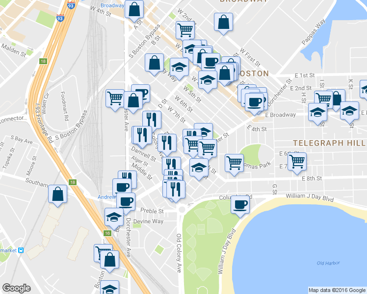 map of restaurants, bars, coffee shops, grocery stores, and more near 218 West 9th Street in Boston