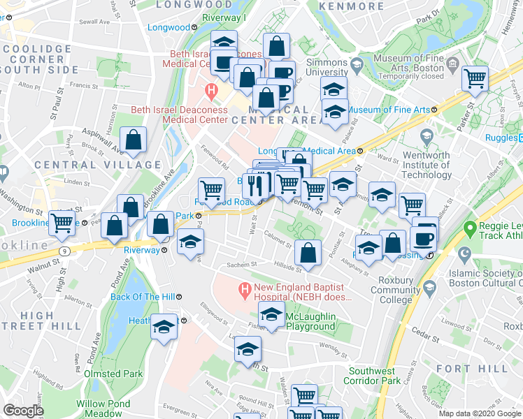 map of restaurants, bars, coffee shops, grocery stores, and more near in Boston