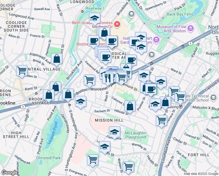 map of restaurants, bars, coffee shops, grocery stores, and more near in Boston